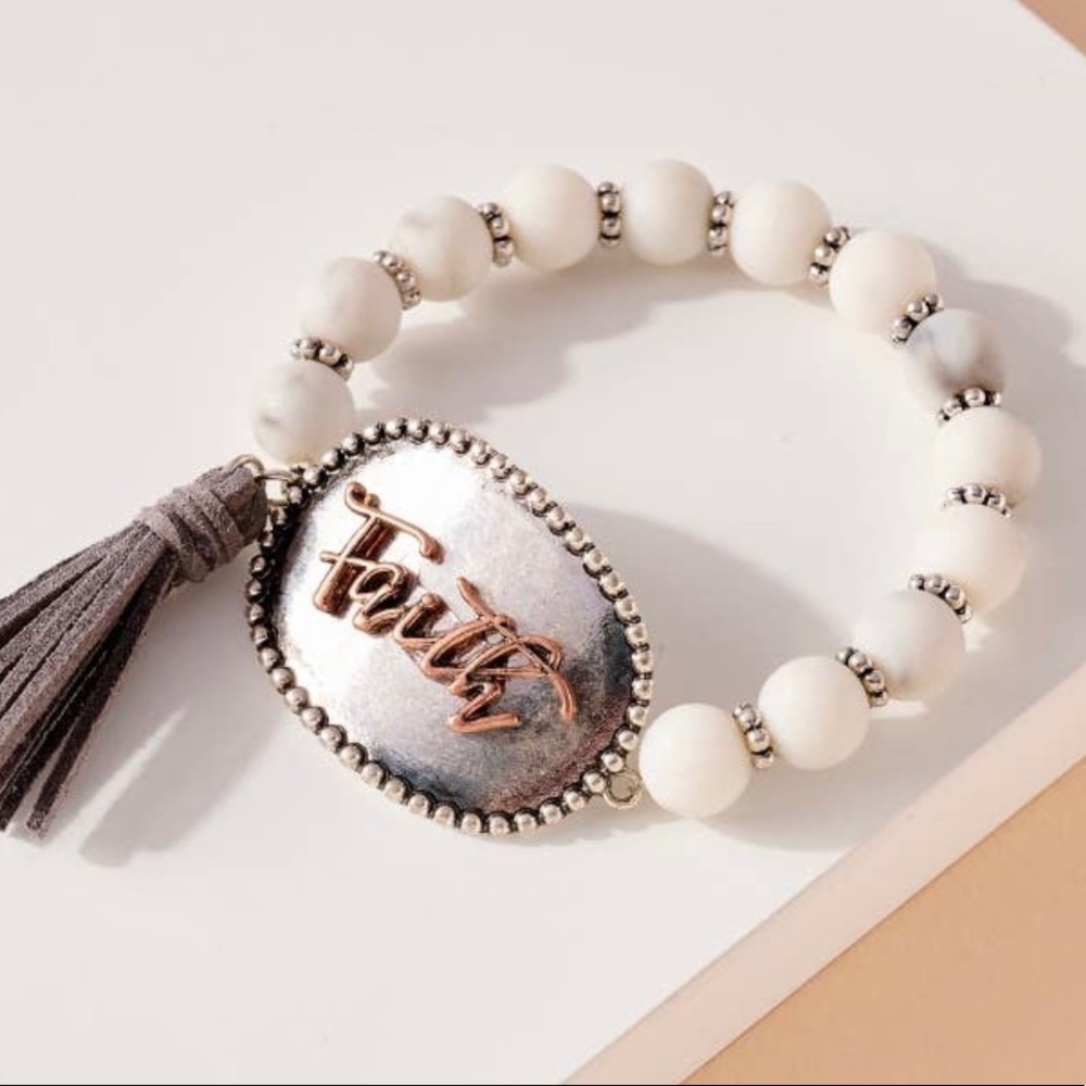 White Distressed Faith Tassel Stone Beaded Stretch Bracelet